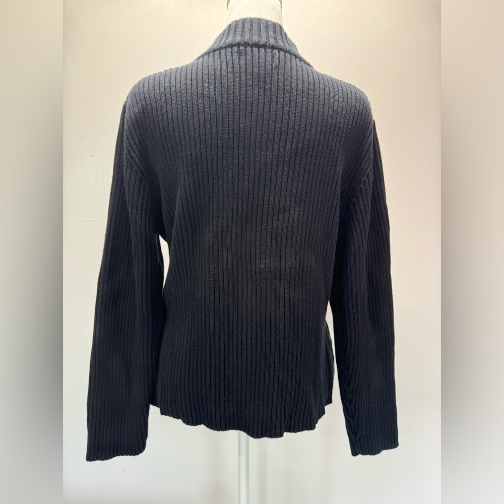 Christopher & Banks Black Ribbed w Jewel Tone Jacquard Floral Zip Front Cardigan - Picture 6 of 12